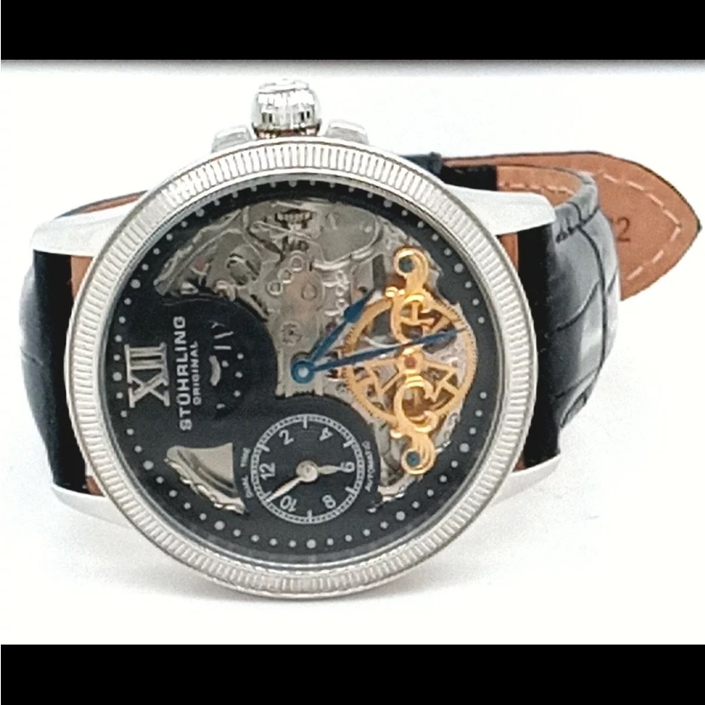 Stuhrling Black Skeleton Men's Black Leather Strap Watch 47mm #71 running